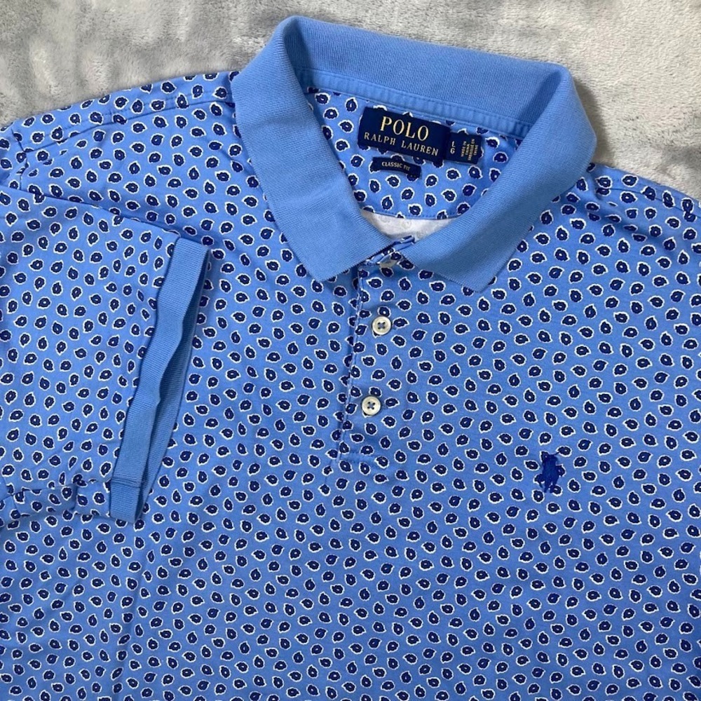 Polo Ralph Lauren Polo Shirt Mens Large Blue Floral All Over Geometric Blue Pony